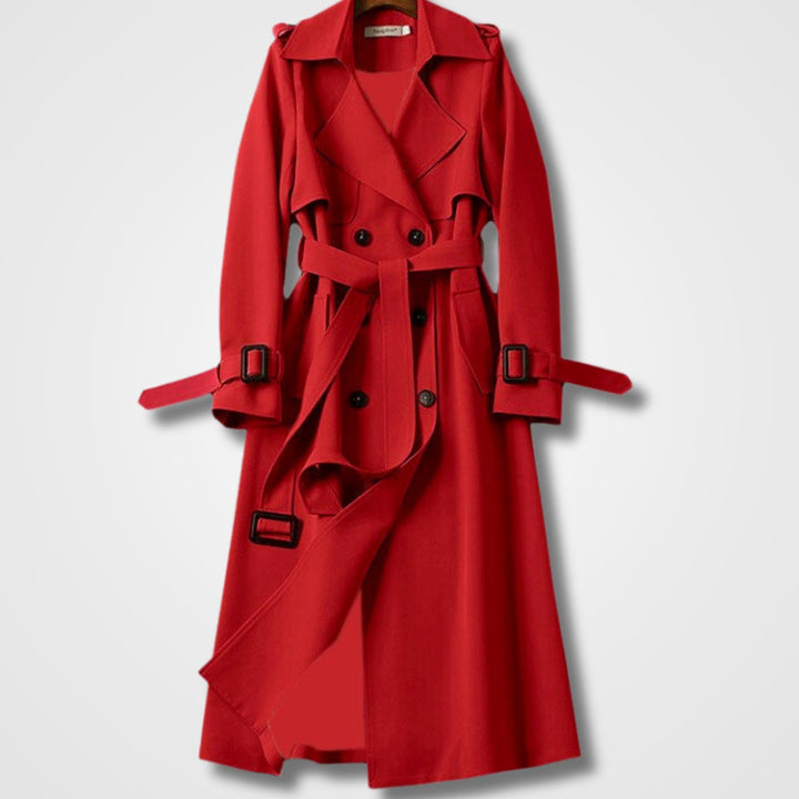 Women's Double-Breasted Belted Long Trench Coat Lässiger - Red