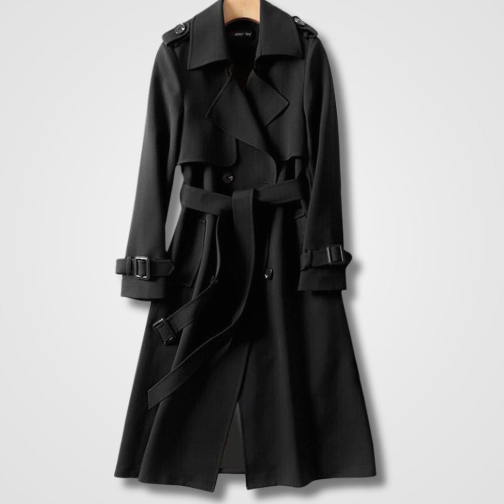 Women's Double-Breasted Belted Long Trench Coat Lässiger - Black