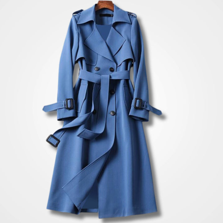 Women's Double-Breasted Belted Long Trench Coat Lässiger - Blue
