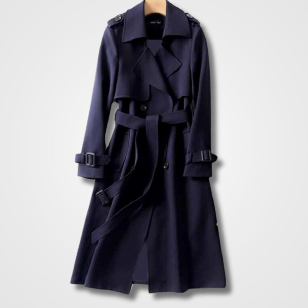 Women's Double-Breasted Belted Long Trench Coat Lässiger - Navy Blue