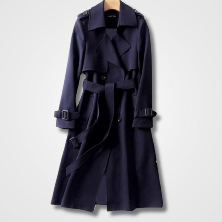 Women's Double-Breasted Belted Long Trench Coat Lässiger - Navy Blue
