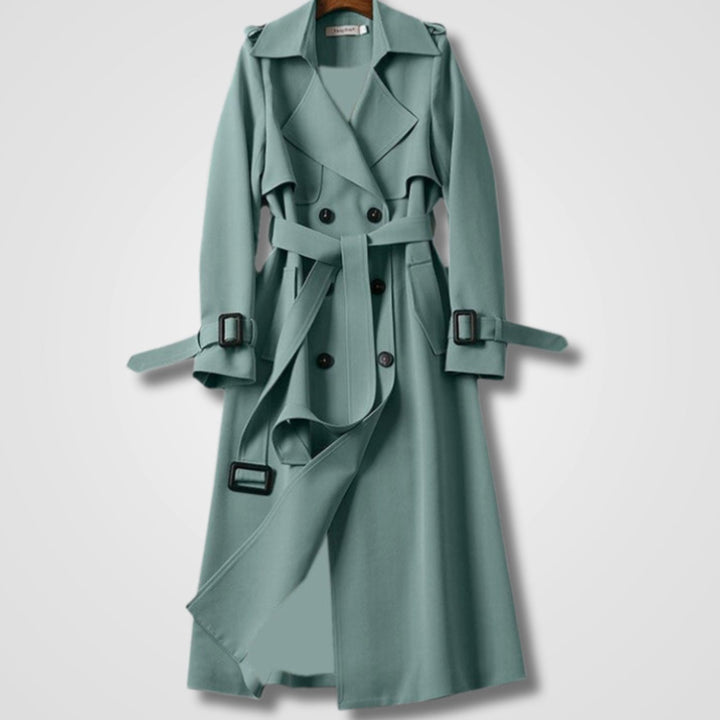 Women's Double-Breasted Belted Long Trench Coat Lässiger - Green