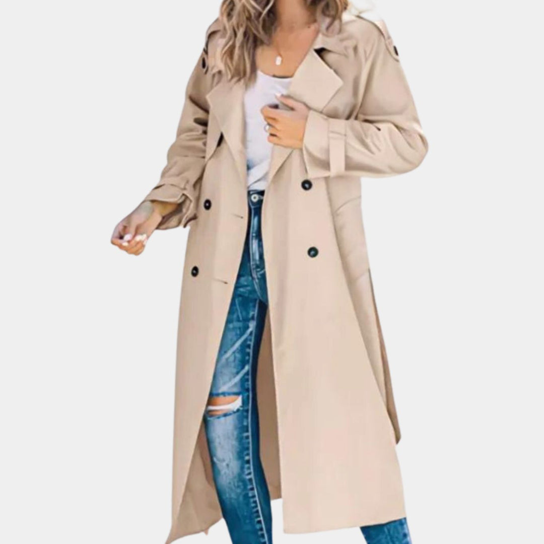 Women's Double-Breasted Belted Long Trench Coat Stylischer - Khaki