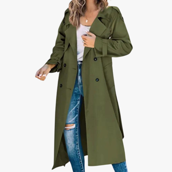 Women's Double-Breasted Belted Long Trench Coat Stylischer - Army Green