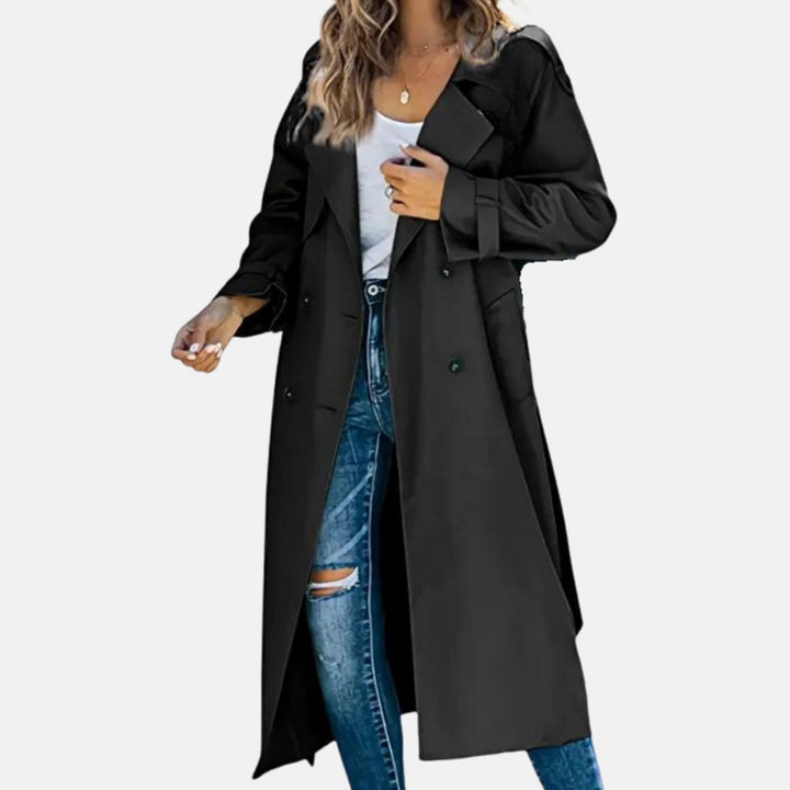 Women's Double-Breasted Belted Long Trench Coat Stylischer - Black