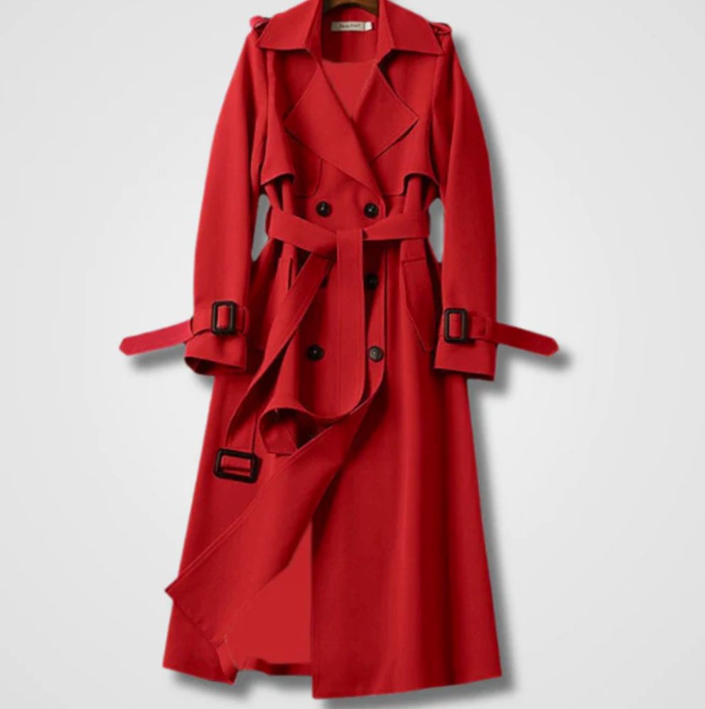 Women's Double-Breasted Belted Long Trench Coat Trenchcoat - Red