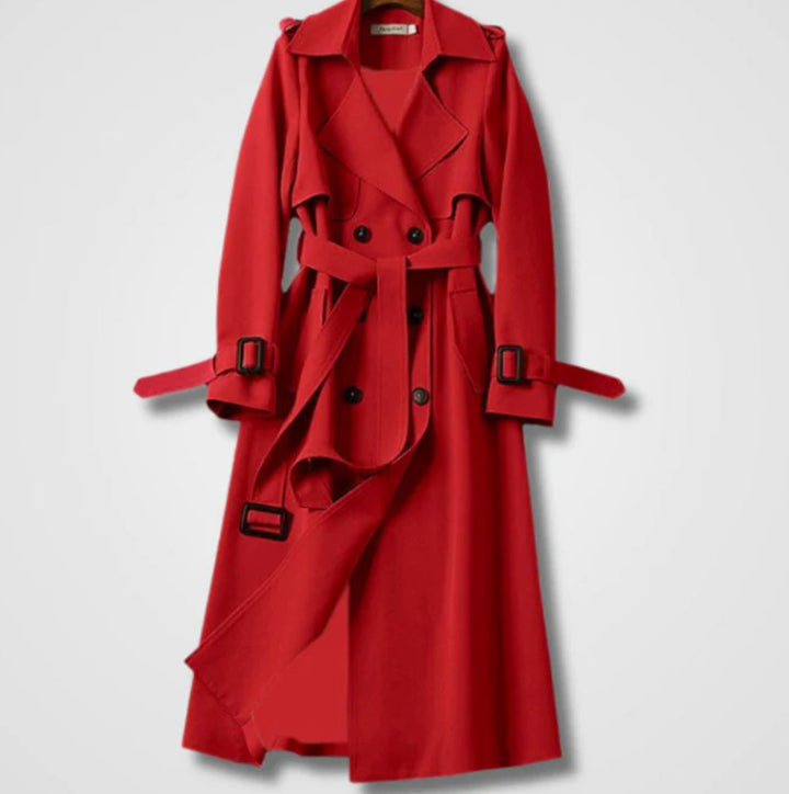 Women's Double-Breasted Belted Long Trench Coat Trenchcoat - Red