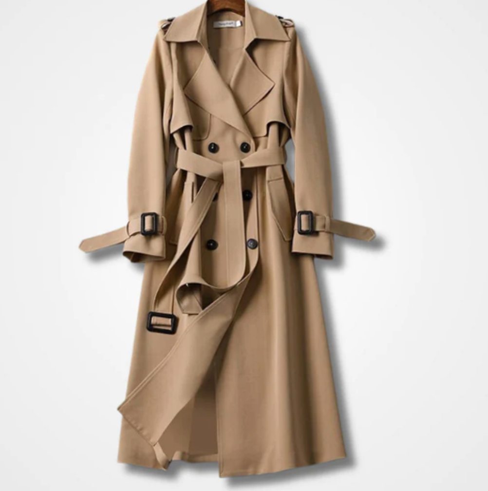 Women's Double-Breasted Belted Long Trench Coat Trenchcoat - Brown