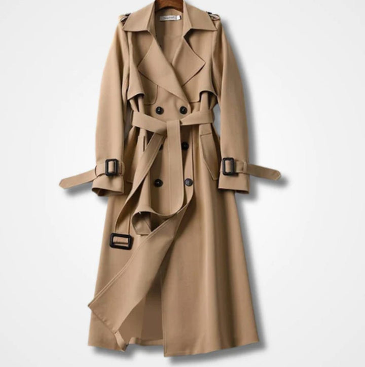 Women's Double-Breasted Belted Long Trench Coat Trenchcoat - Brown