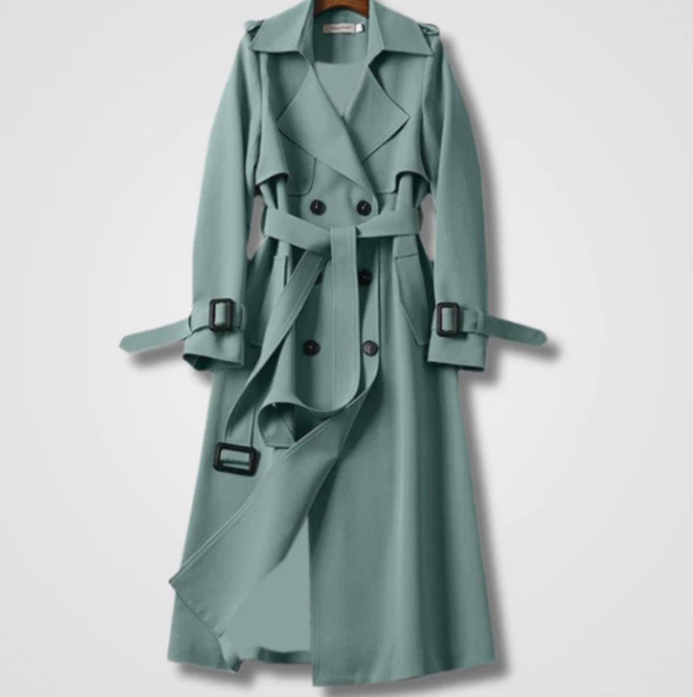 Women's Double-Breasted Belted Long Trench Coat Trenchcoat - Green