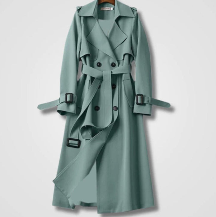 Women's Double-Breasted Belted Long Trench Coat Trenchcoat - Green