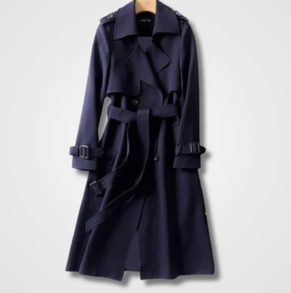 Women's Double-Breasted Belted Long Trench Coat Trenchcoat - Navy Blue