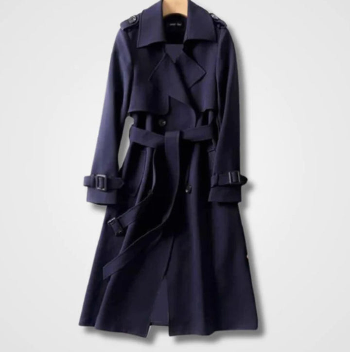 Women's Double-Breasted Belted Long Trench Coat Trenchcoat - Navy Blue