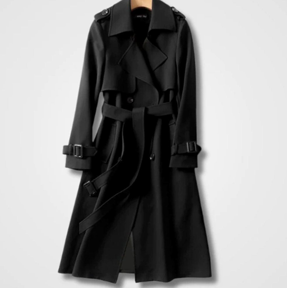 Women's Double-Breasted Belted Long Trench Coat Trenchcoat - Black