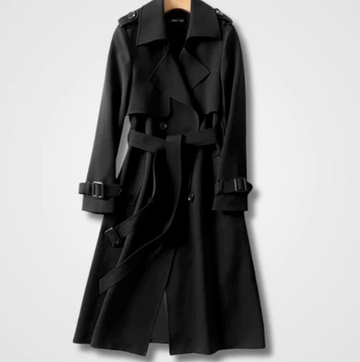 Women's Double-Breasted Belted Long Trench Coat Trenchcoat - Black