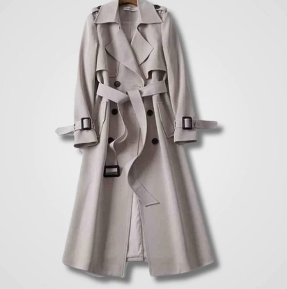 Women's Double-Breasted Belted Long Trench Coat Trenchcoat - Black
