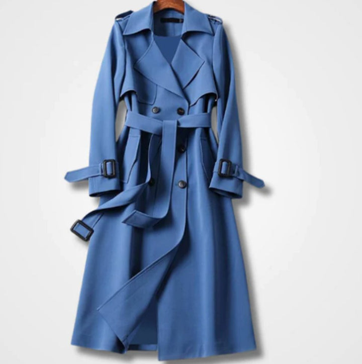 Women's Double-Breasted Belted Long Trench Coat Trenchcoat - Blue