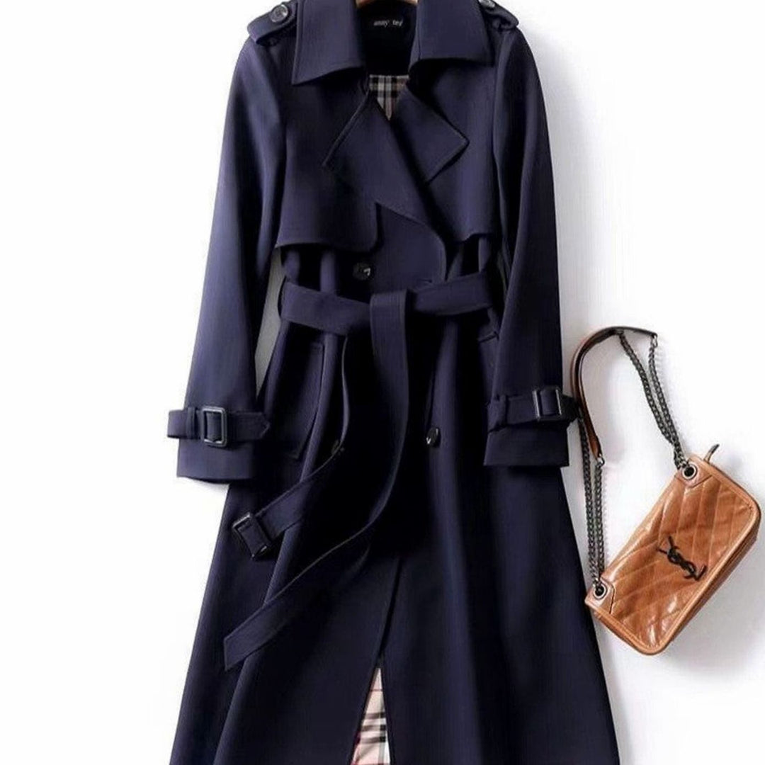Women's Double-Breasted Belted Longline Trench Coat, Navy Blue