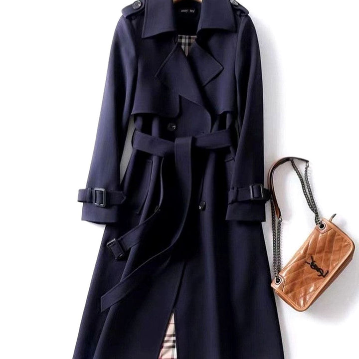 Women's Double-Breasted Belted Longline Trench Coat, Navy Blue