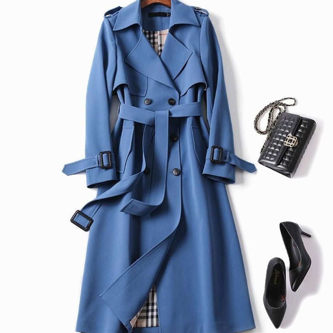 Women's Double-Breasted Belted Longline Trench Coat, Navy Blue