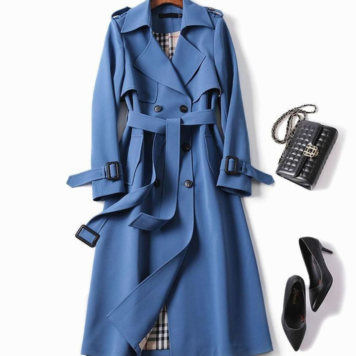Women's Double-Breasted Belted Longline Trench Coat, Navy Blue