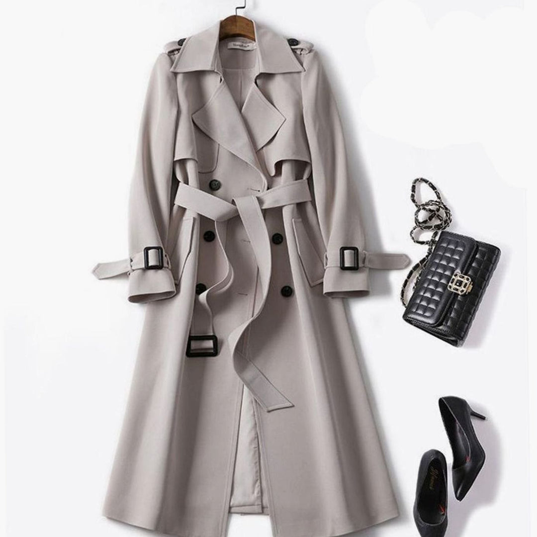 Women's Double-Breasted Belted Longline Trench Coat, Navy Blue - Apricot