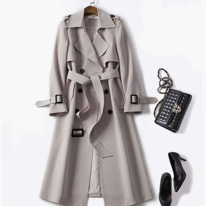 Women's Double-Breasted Belted Longline Trench Coat, Navy Blue - Apricot