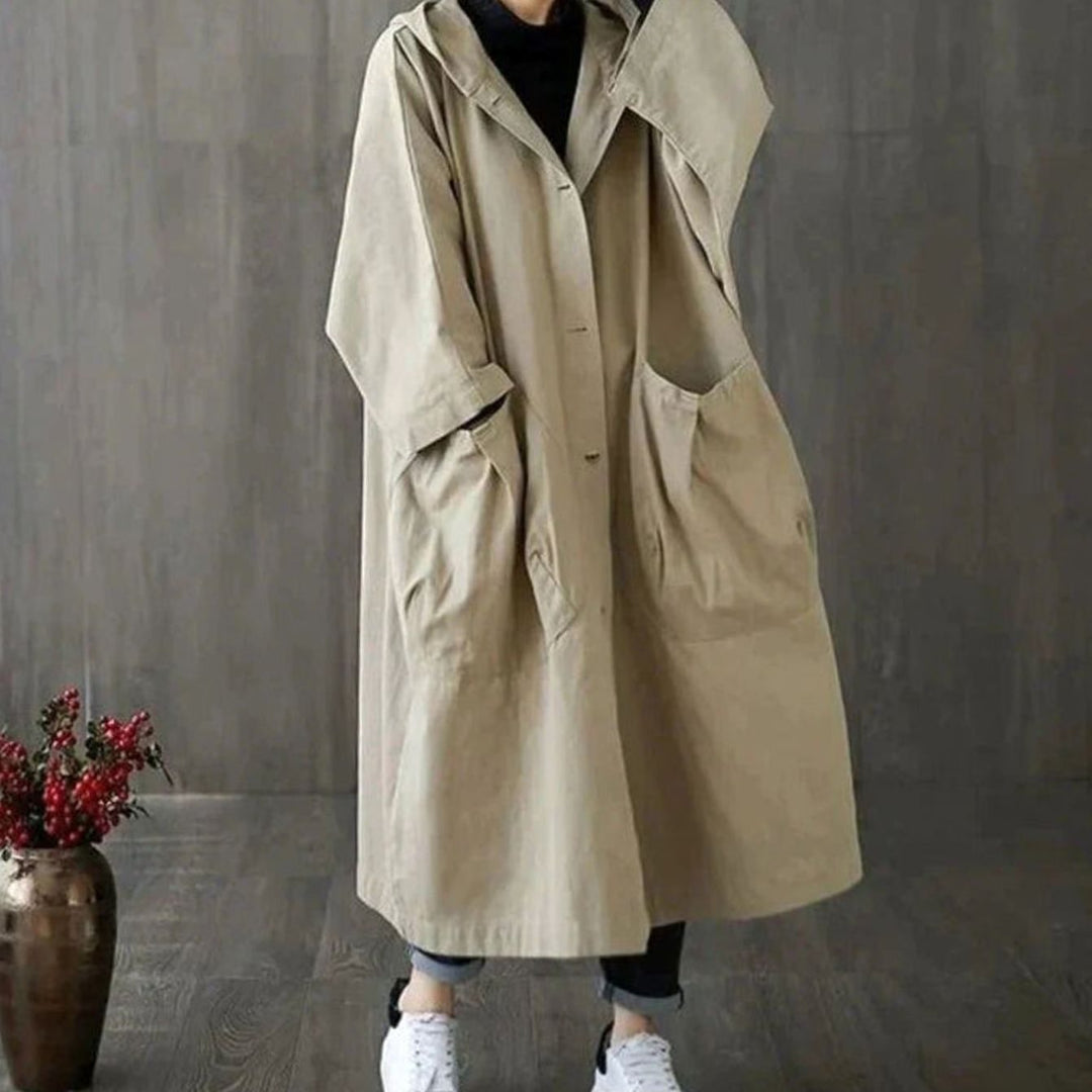 Women's Double-Breasted Belted Longline Trench Coat, Navy Blue - Khaki