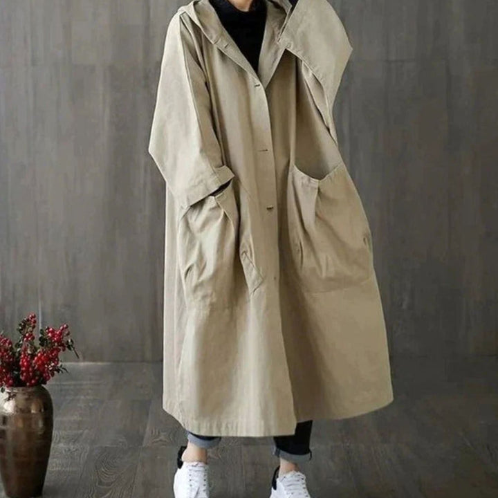 Women's Double-Breasted Belted Longline Trench Coat, Navy Blue - Khaki
