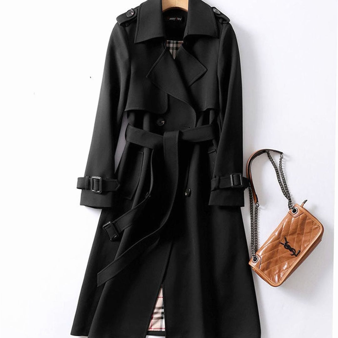 Women's Double-Breasted Belted Longline Trench Coat, Navy Blue