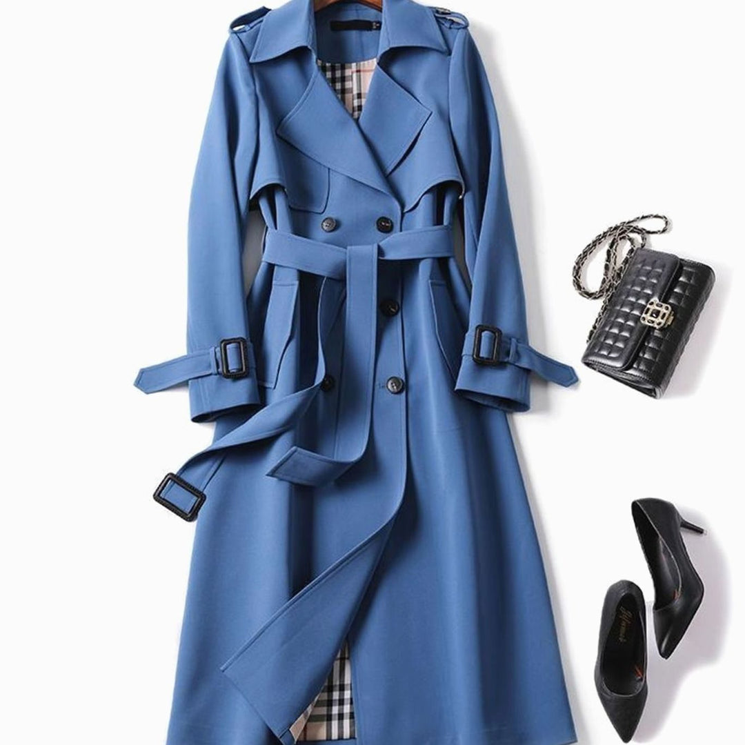 Women's Double-Breasted Belted Longline Trench Coat, Navy Blue - Blue