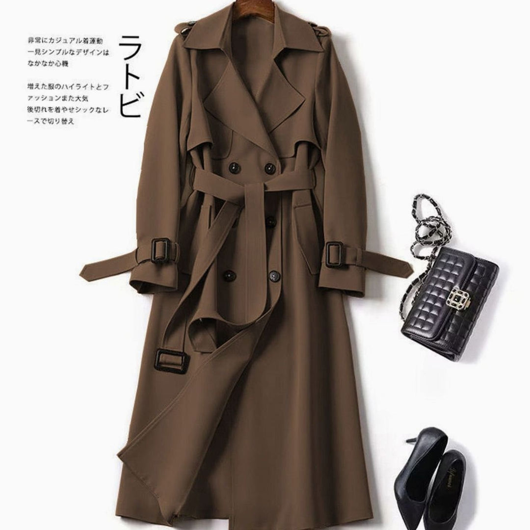 Women's Double-Breasted Belted Longline Trench Coat, Navy Blue - Coffee