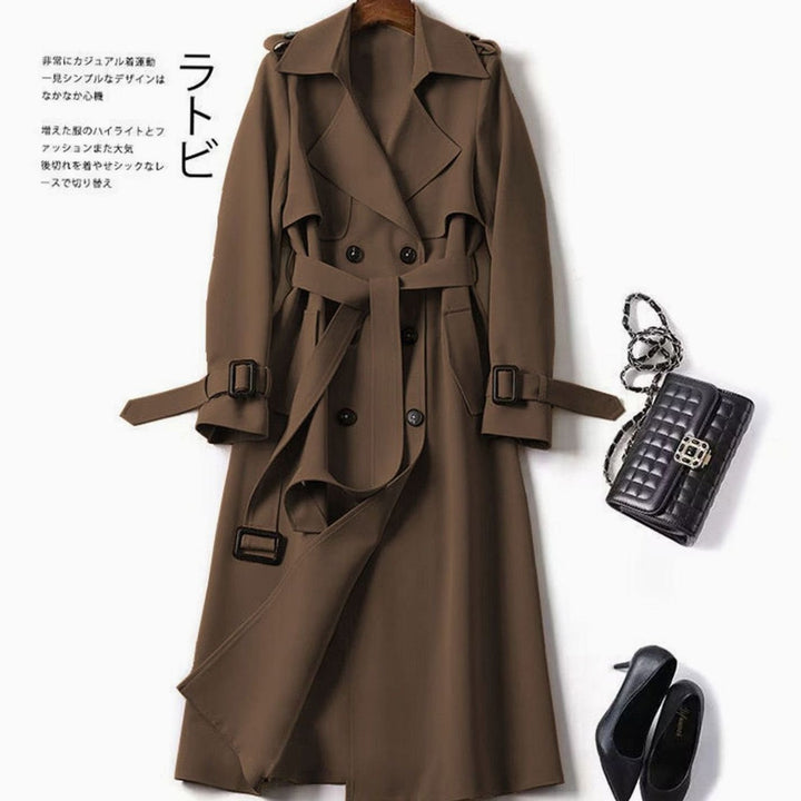 Women's Double-Breasted Belted Longline Trench Coat, Navy Blue - Coffee