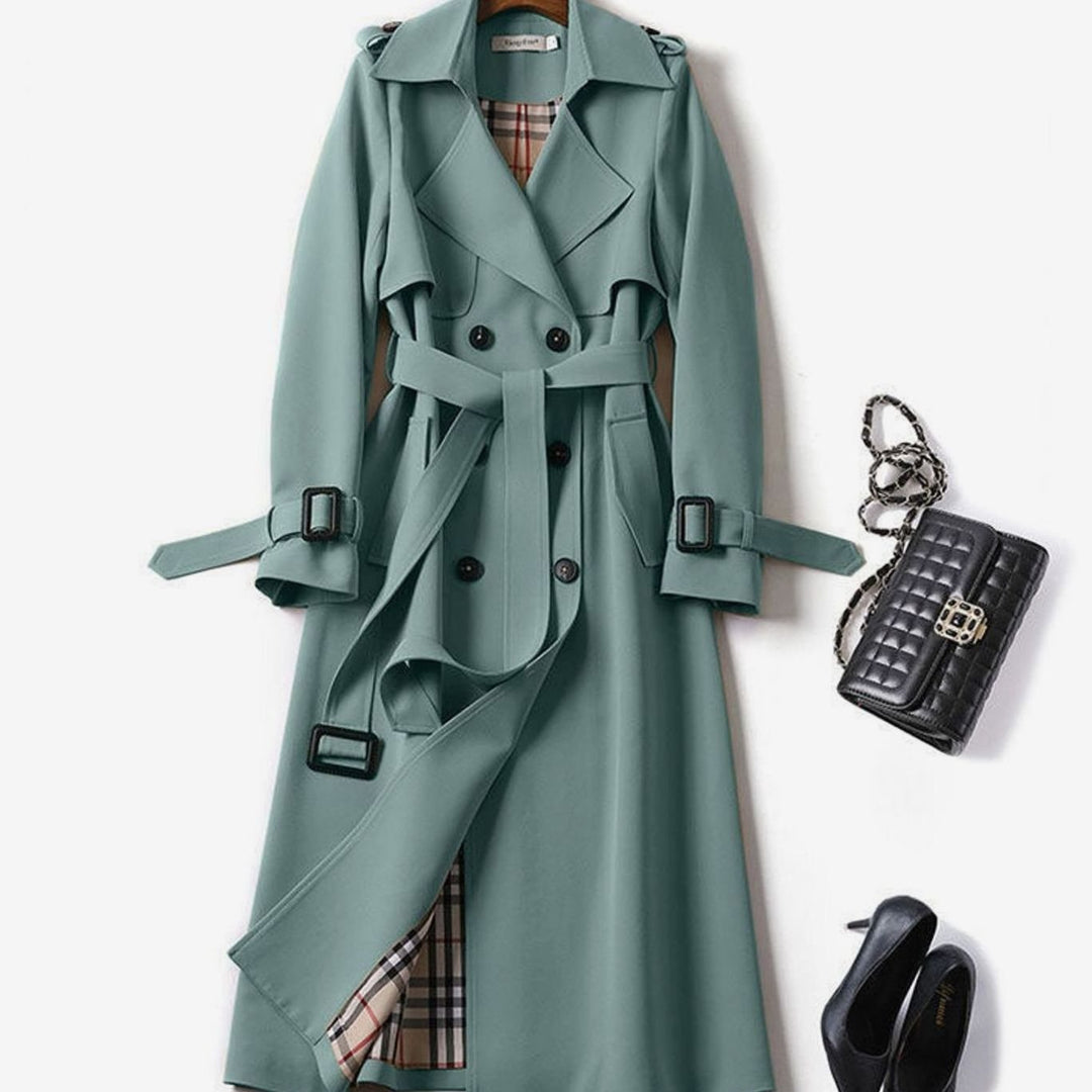 Women's Double-Breasted Belted Longline Trench Coat, Navy Blue - Green
