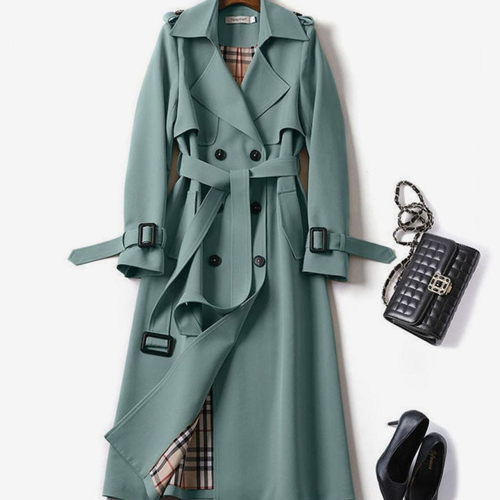 Women's Double-Breasted Belted Longline Trench Coat, Navy Blue - Green