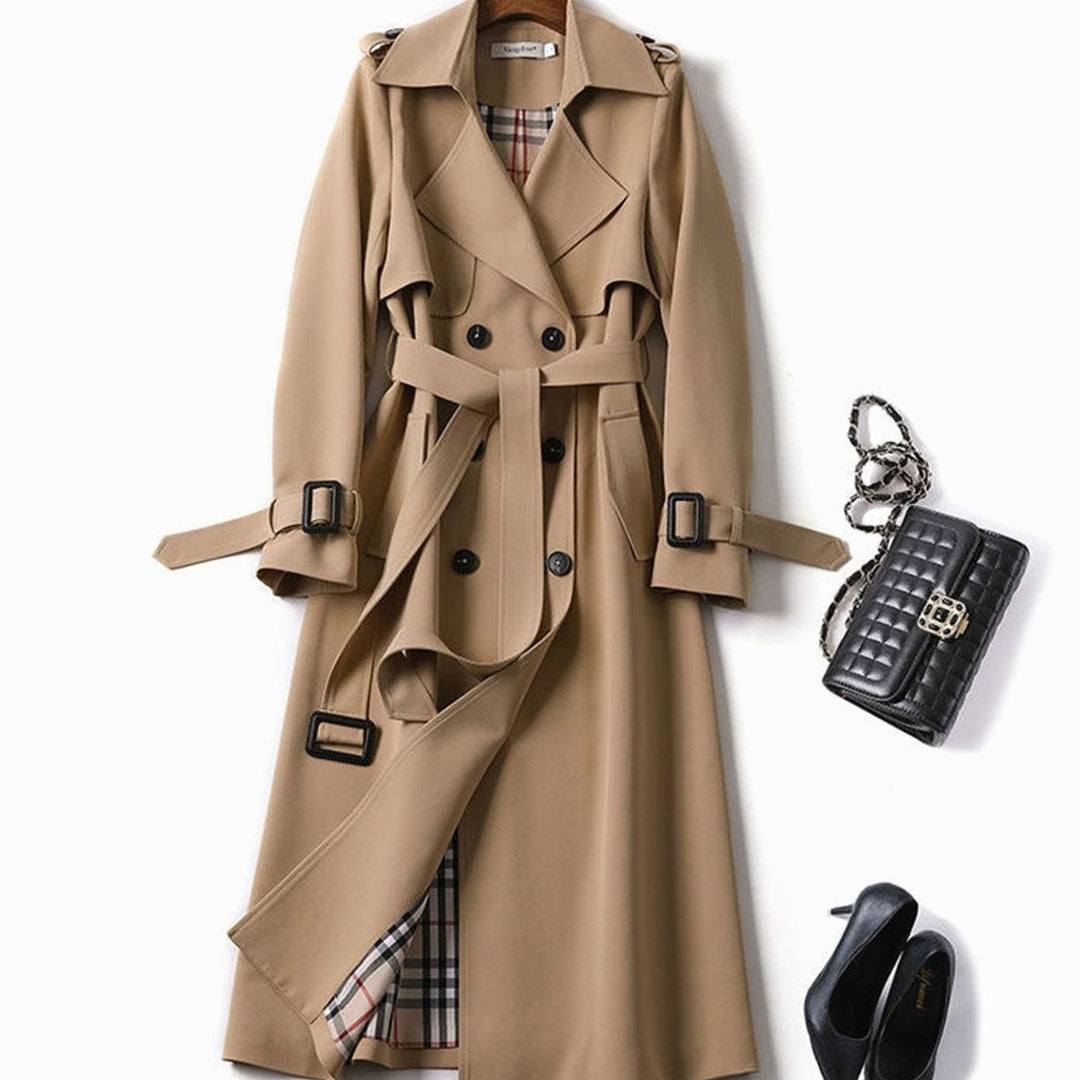 Women's Double-Breasted Belted Longline Trench Coat, Navy Blue