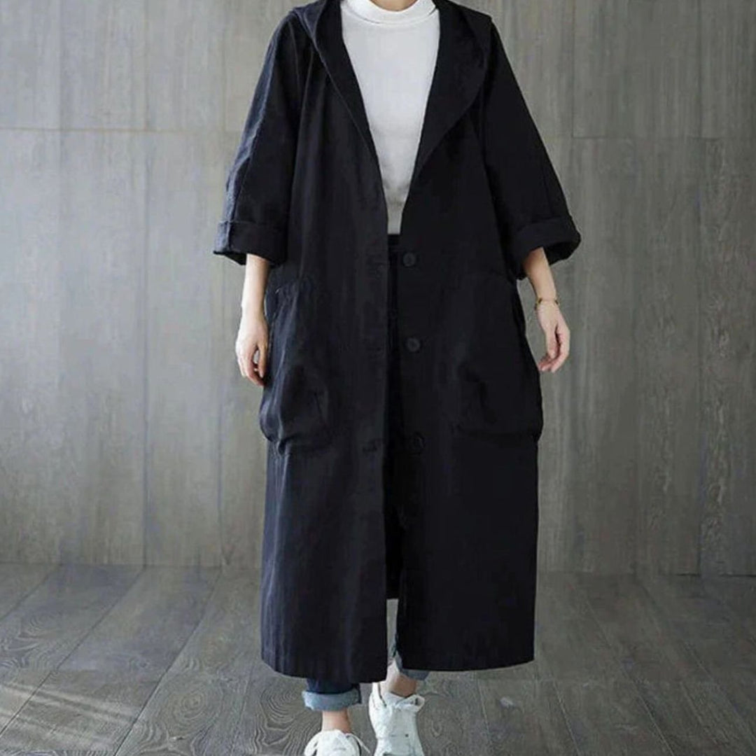 Women's Double-Breasted Belted Longline Trench Coat, Navy Blue - Black