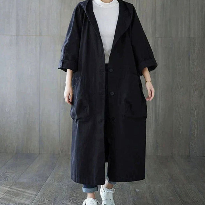 Women's Double-Breasted Belted Longline Trench Coat, Navy Blue - Black