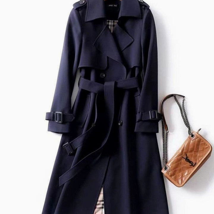 Women's Double-Breasted Belted Longline Trench Coat, Navy Blue - Navy Blue