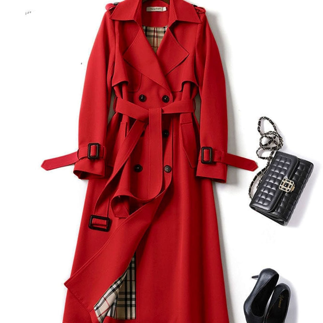 Women's Double-Breasted Belted Longline Trench Coat, Navy Blue - Red