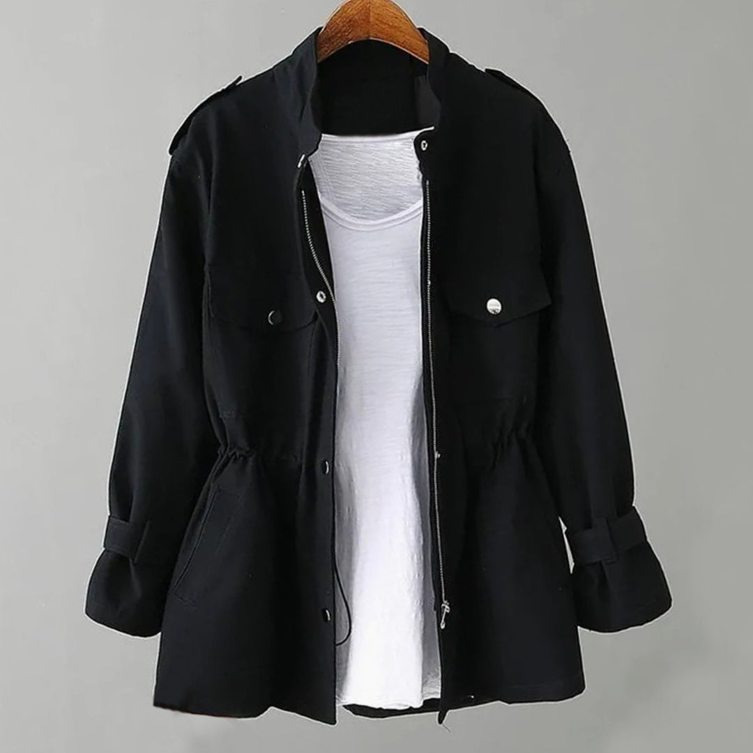 Women's Double-Breasted Belted Longline Trench Coat, Navy Blue - Black
