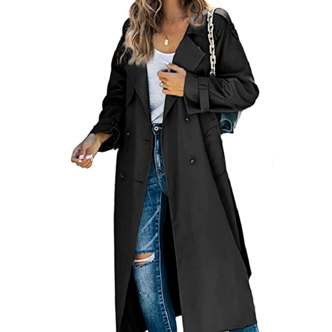Women's Double-Breasted Belted Longline Trench Coat Premium - Black