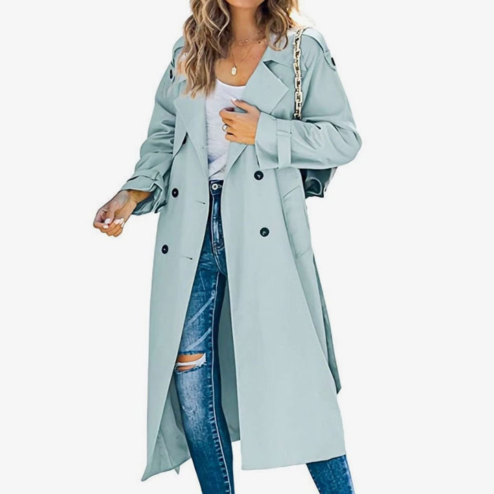 Women's Double-Breasted Belted Longline Trench Coat Premium - Light Blue