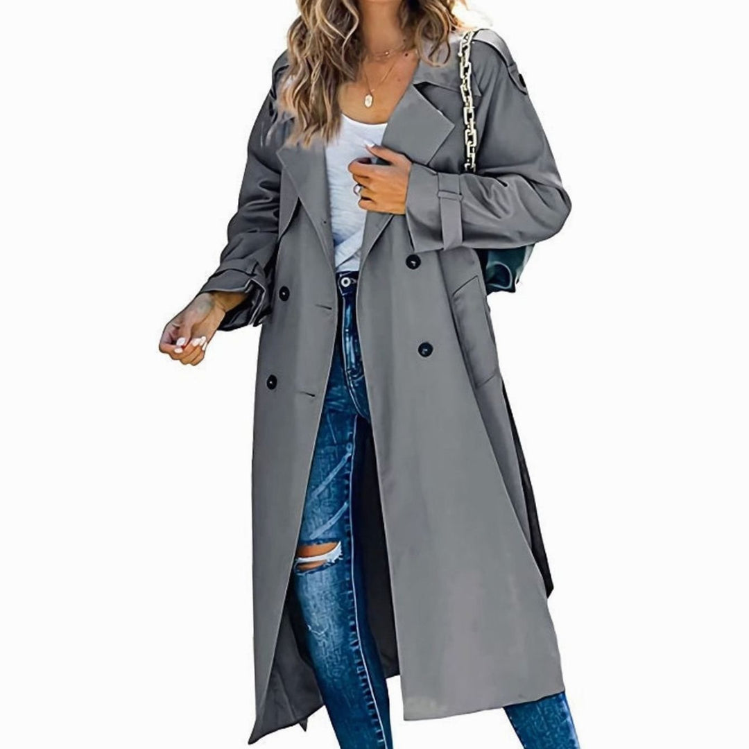 Women's Double-Breasted Belted Longline Trench Coat Premium - Grey