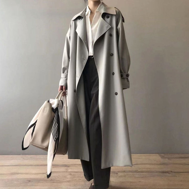 Women's Double-Breasted Belted Longline Windbreaker Trench Coat - Grey
