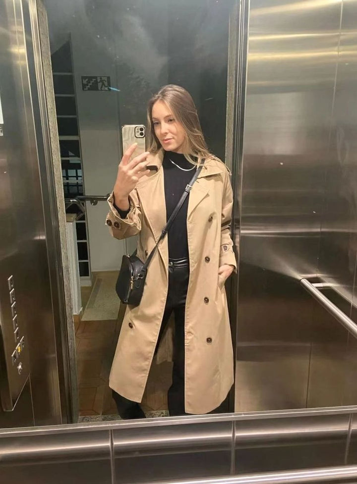 Women's Double-Breasted Belted Longline Windbreaker Trench Coat - Khaki