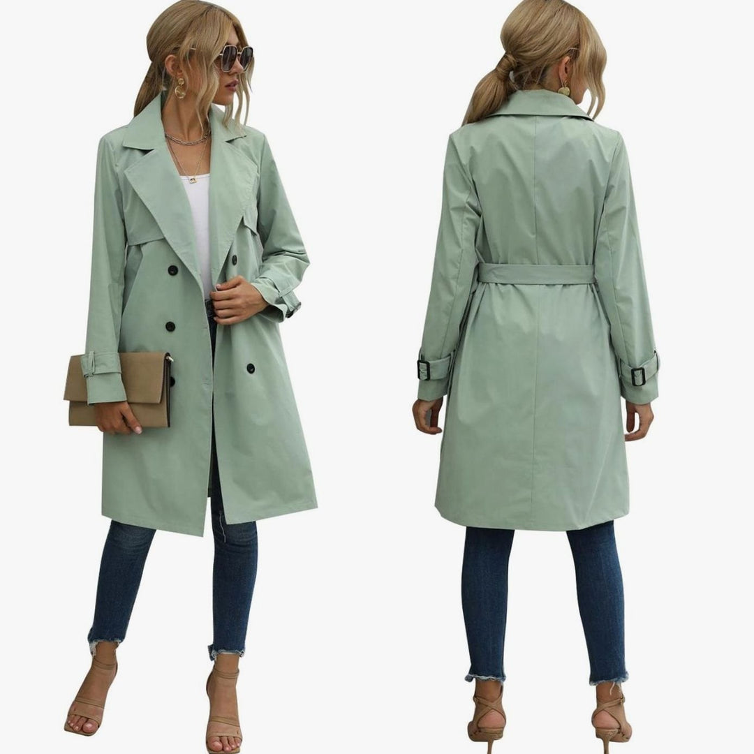 Women's Double-Breasted Belted Midi Trench Coat, Sage Green - Green