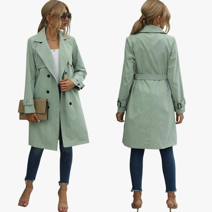Women's Double-Breasted Belted Midi Trench Coat, Sage Green - Green