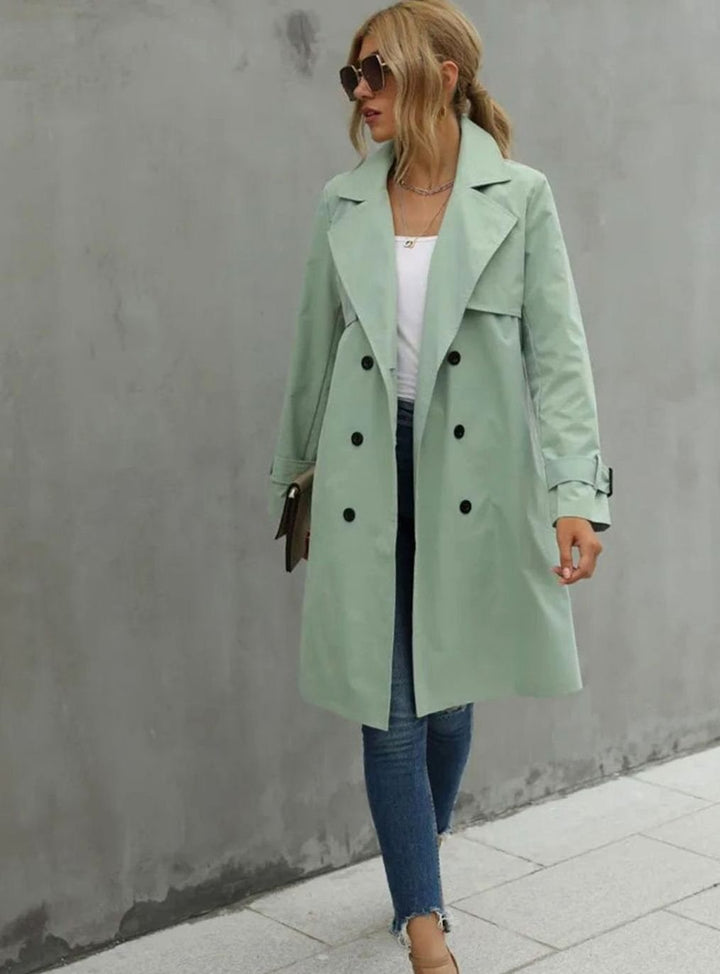 Women's Double-Breasted Belted Retro Trench Coat, Sage Green