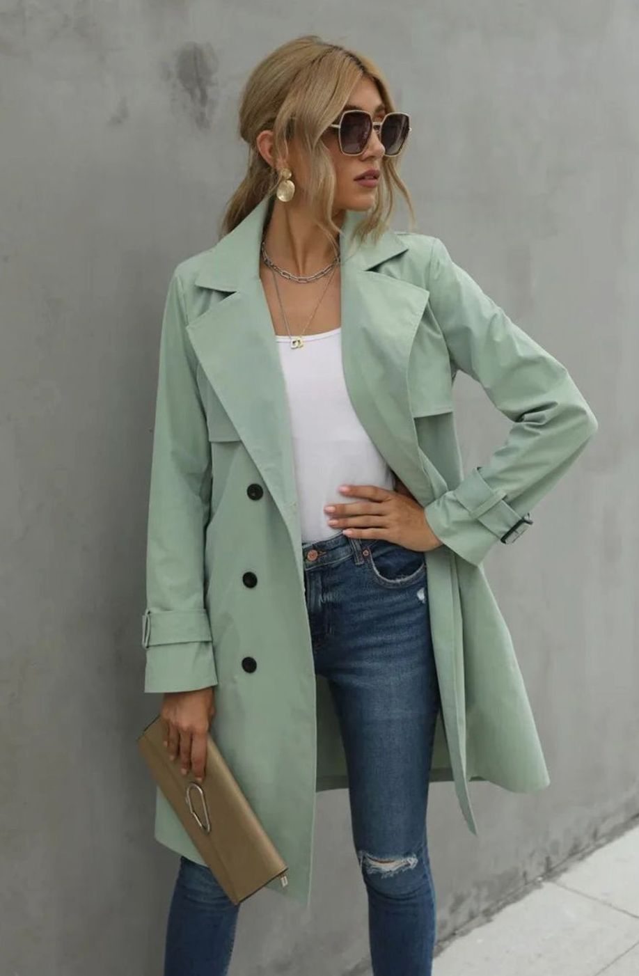Women's Double-Breasted Belted Retro Trench Coat, Sage Green - Green